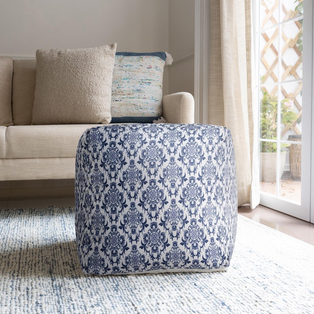 Blue and White Cotton Floral Pouf Ottoman - 18-inch