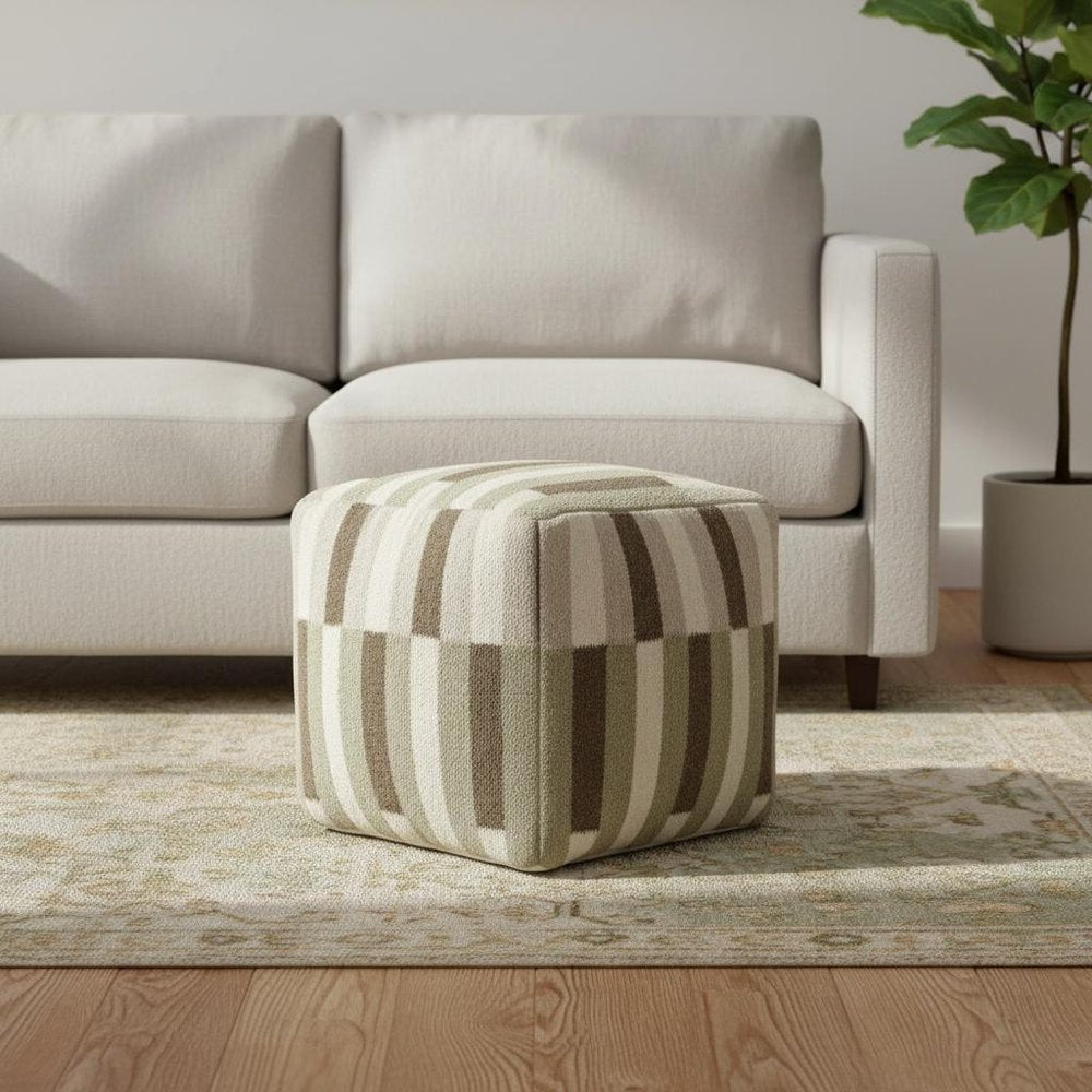 Brown Ivory and Khaki Brown Woven Geometric Pouf Ottoman - 18-inch