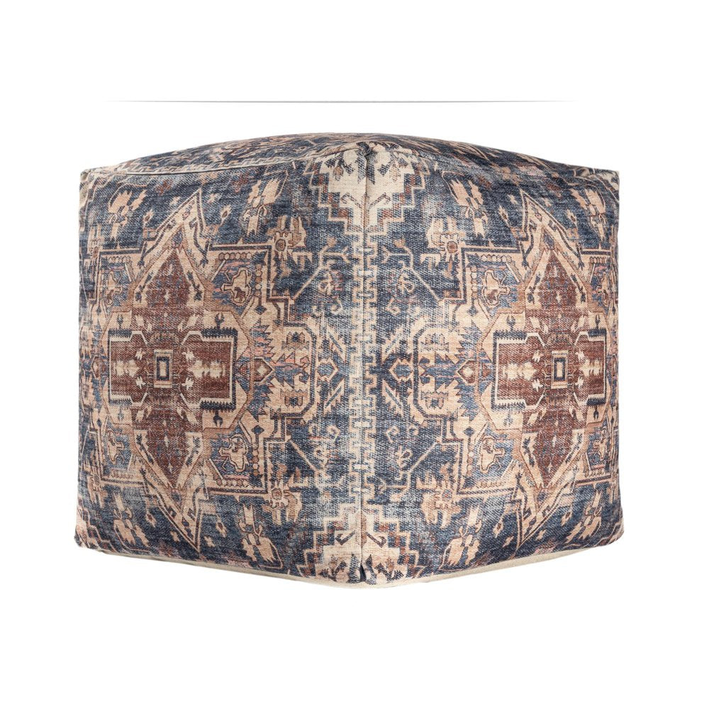 Navy Blue and Terra Cotta Upholstered Medallion Pouf Ottoman - 18-inch