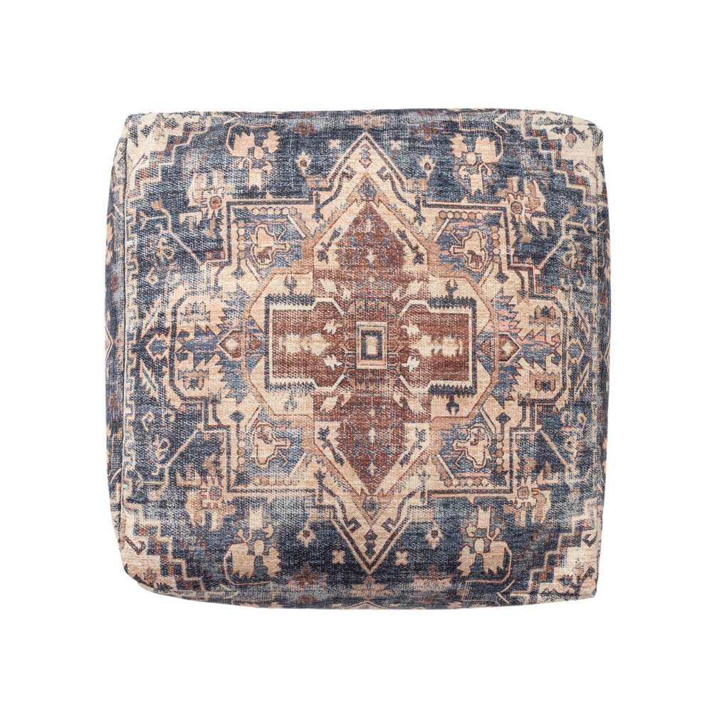 Navy Blue and Terra Cotta Upholstered Medallion Pouf Ottoman - 18-inch