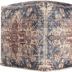Navy Blue and Terra Cotta Upholstered Medallion Pouf Ottoman - 18-inch