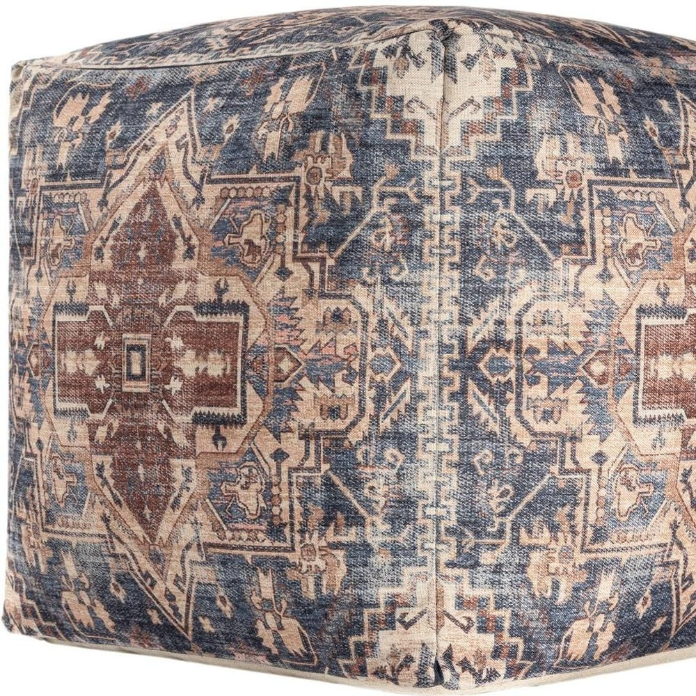 Navy Blue and Terra Cotta Upholstered Medallion Pouf Ottoman - 18-inch