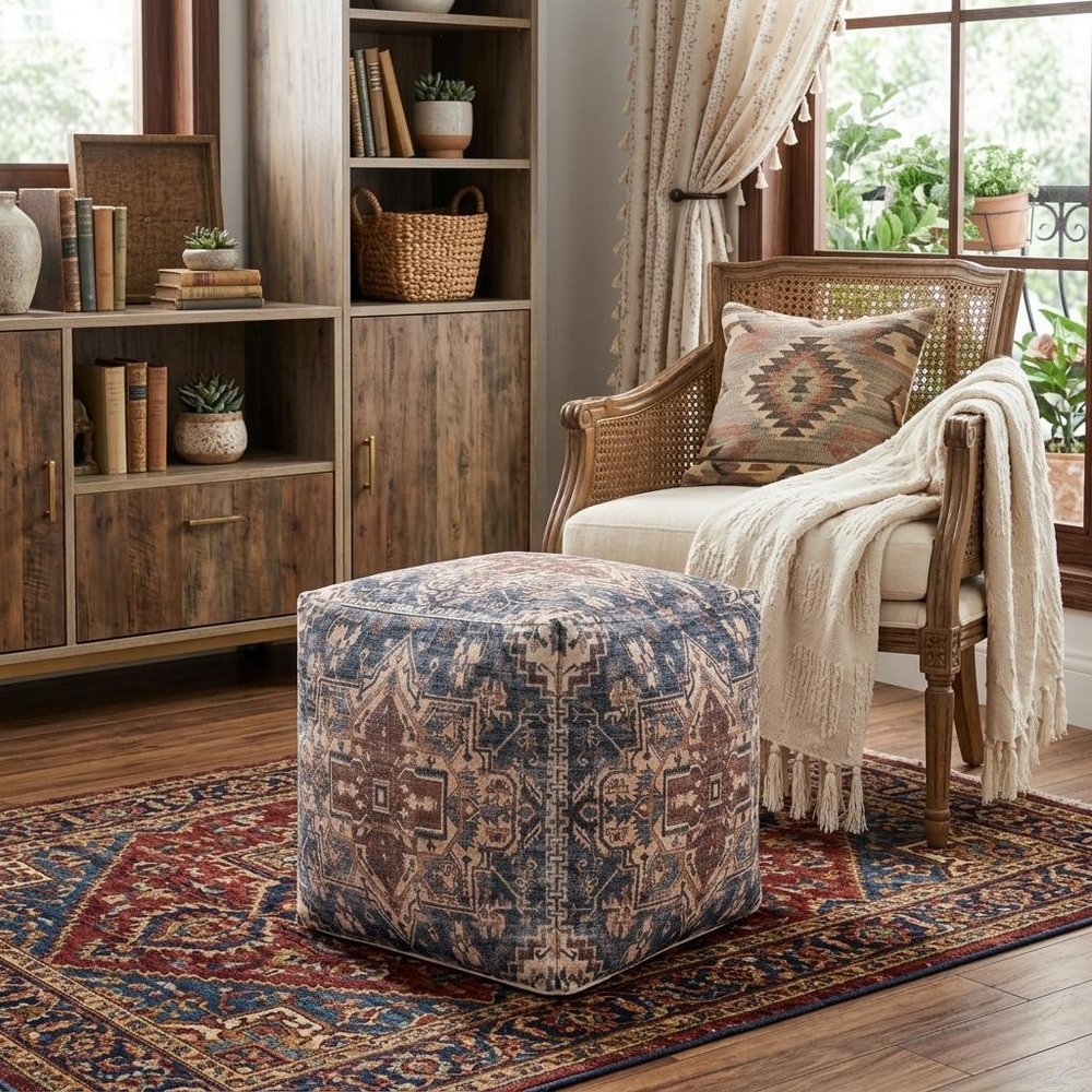 Navy Blue and Terra Cotta Upholstered Medallion Pouf Ottoman - 18-inch