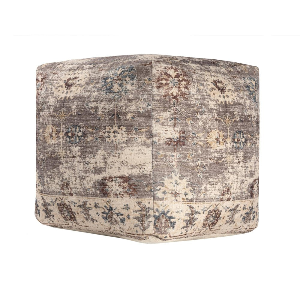 Ivory and Taupe Upholstered Medallion Pouf Ottoman - 18-inch