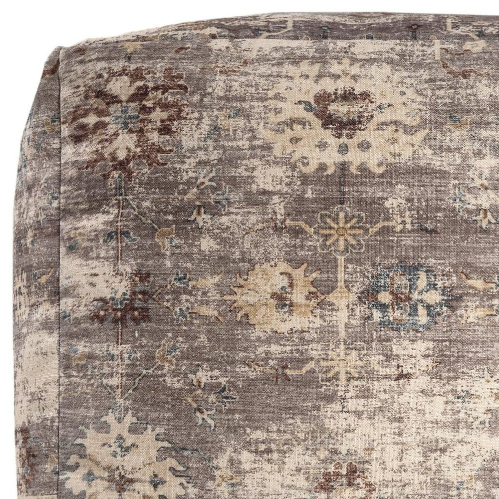 Ivory and Taupe Upholstered Medallion Pouf Ottoman - 18-inch
