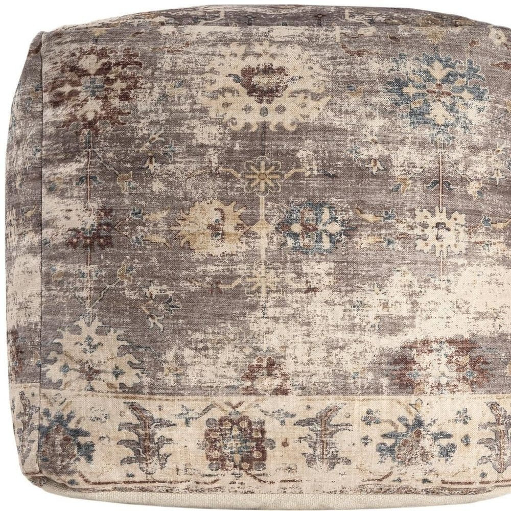 Ivory and Taupe Upholstered Medallion Pouf Ottoman - 18-inch