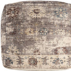 Ivory and Taupe Upholstered Medallion Pouf Ottoman - 18-inch