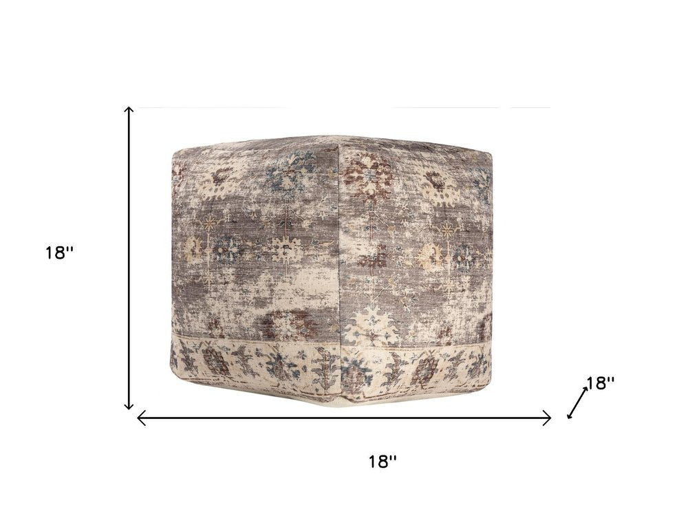 Ivory and Taupe Upholstered Medallion Pouf Ottoman - 18-inch
