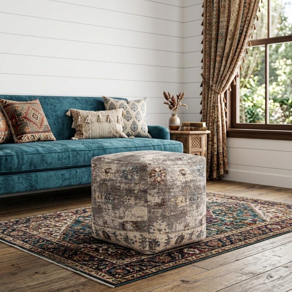 Ivory and Taupe Upholstered Medallion Pouf Ottoman - 18-inch