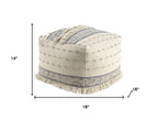 Ivory and Navy Blue Cotton and Wool Striped Pouf Ottoman - 18-inch