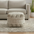 Ivory and Natural Cotton and Wool Striped Pouf Ottoman - 18-inch