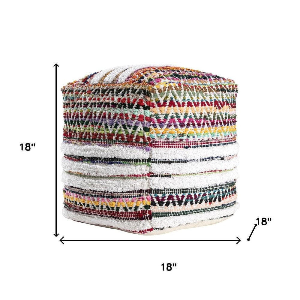 Natural and Rainbow Cotton Blend Chevron Pouf Ottoman - 18-inch