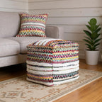 Natural and Rainbow Cotton Blend Chevron Pouf Ottoman - 18-inch