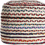 Natural and Rainbow Jute and Upholstery Striped Pouf Ottoman - 18-inch