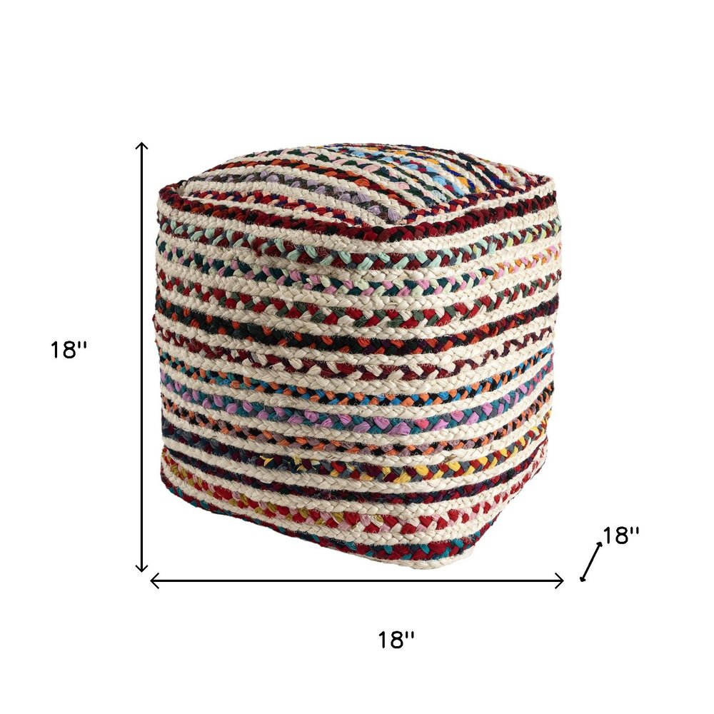 Natural and Rainbow Jute and Upholstery Striped Pouf Ottoman - 18-inch