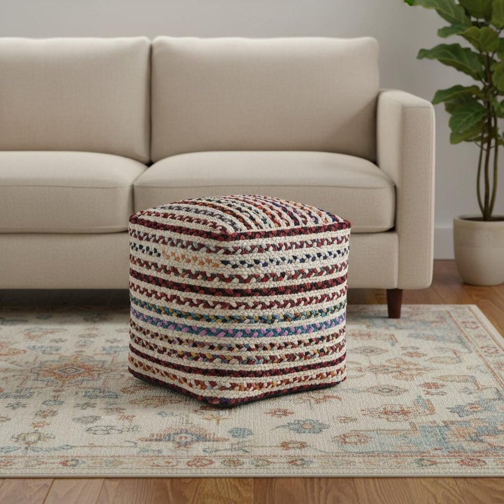 Natural and Rainbow Jute and Upholstery Striped Pouf Ottoman - 18-inch