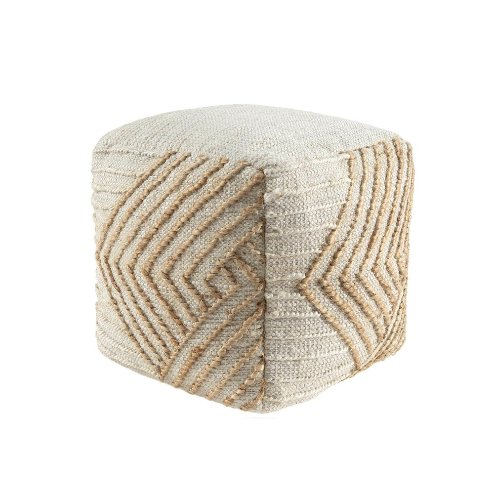 Natural and Off White Cotton Jute and Wool Geometric Cube Pouf Ottoman - 18-inch