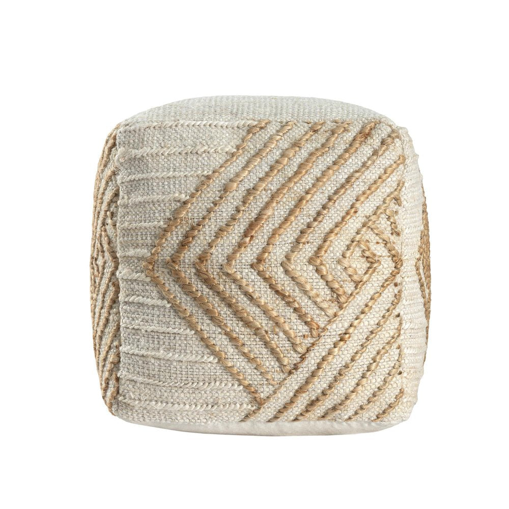 Natural and Off White Cotton Jute and Wool Geometric Cube Pouf Ottoman - 18-inch