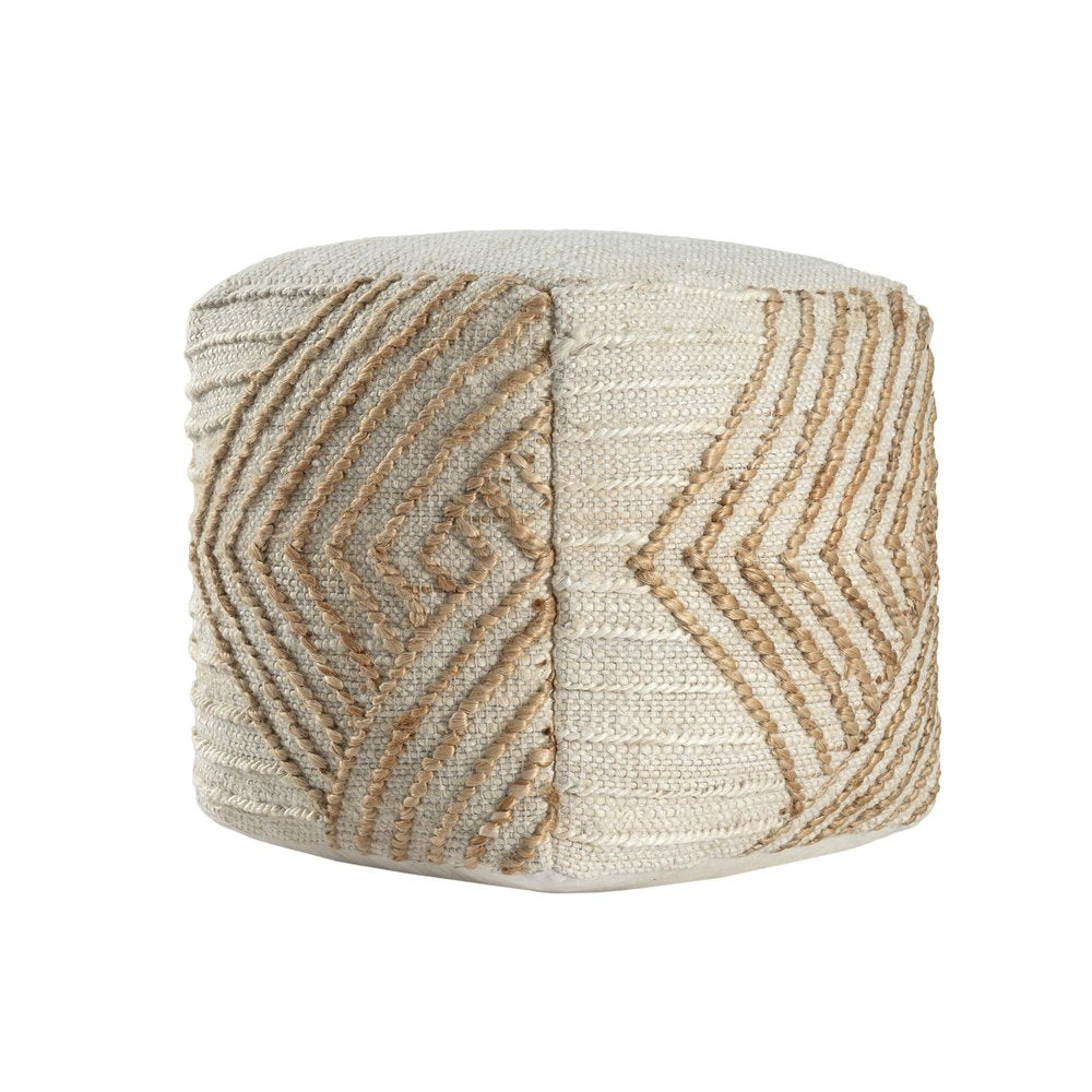 Natural and Off White Cotton Jute and Wool Geometric Cube Pouf Ottoman - 18-inch