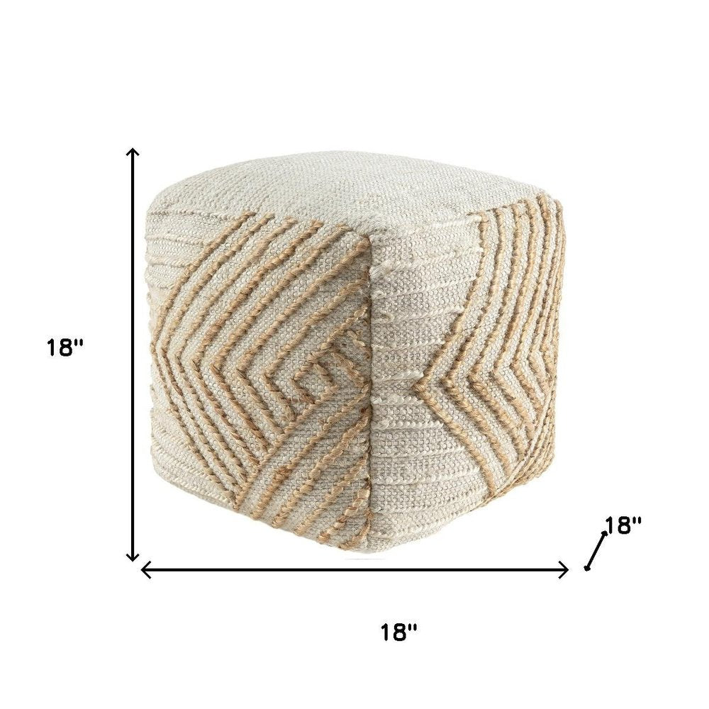 Natural and Off White Cotton Jute and Wool Geometric Cube Pouf Ottoman - 18-inch