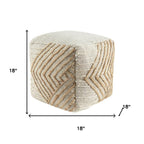 Natural and Off White Cotton Jute and Wool Geometric Cube Pouf Ottoman - 18-inch