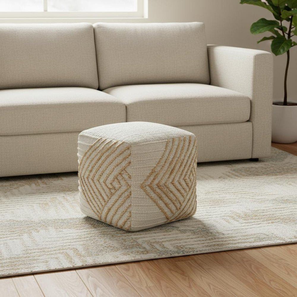 Natural and Off White Cotton Jute and Wool Geometric Cube Pouf Ottoman - 18-inch
