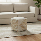 Natural and Off White Cotton Jute and Wool Geometric Cube Pouf Ottoman - 18-inch