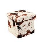 Brown and White Faux Fur Cow Print Storage Ottoman - 12-inch