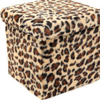Black and Tan Faux Fur Leopard Storage Ottoman - 12-inch