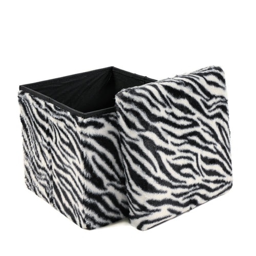 Black and White Faux Fur Zebra Storage Ottoman - 12-inch
