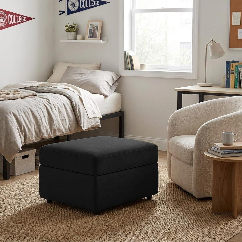 Black Velvet Storage Ottoman - 30-inch