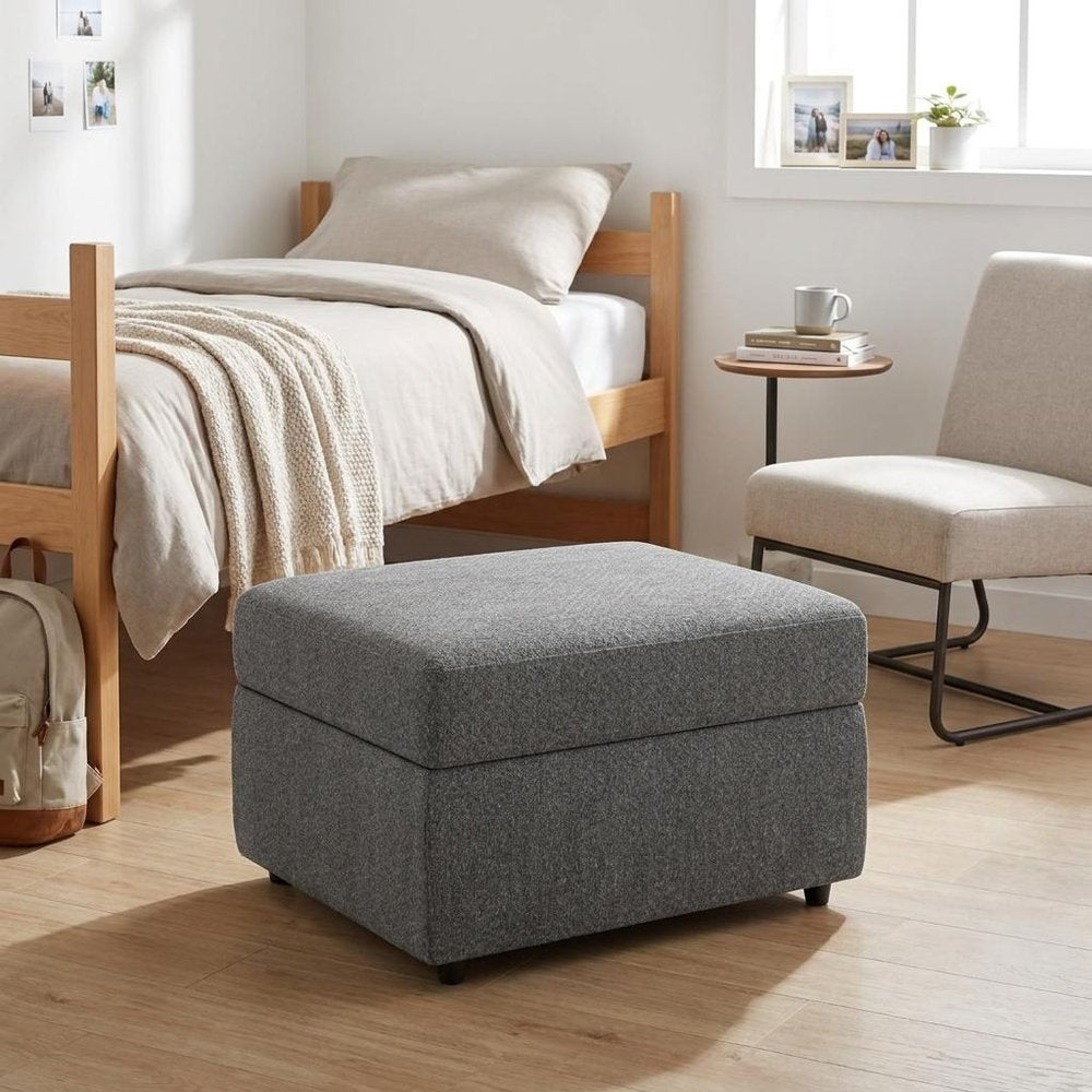 Beige and Black Chenille Storage Ottoman - 30-inch