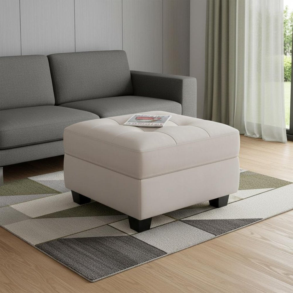 Beige and Black Velvet Tufted Storage Ottoman - 26-inch