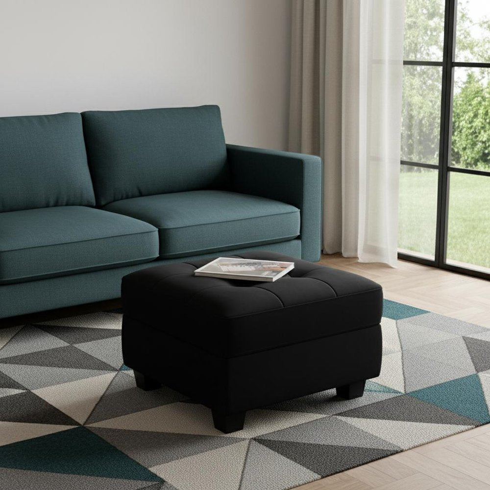 Beige and Black Velvet Tufted Storage Ottoman - 26-inch