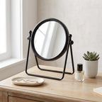 Black Metal Round Framed Adjustable Makeup Shaving Tabletop Mirror - 10-inch