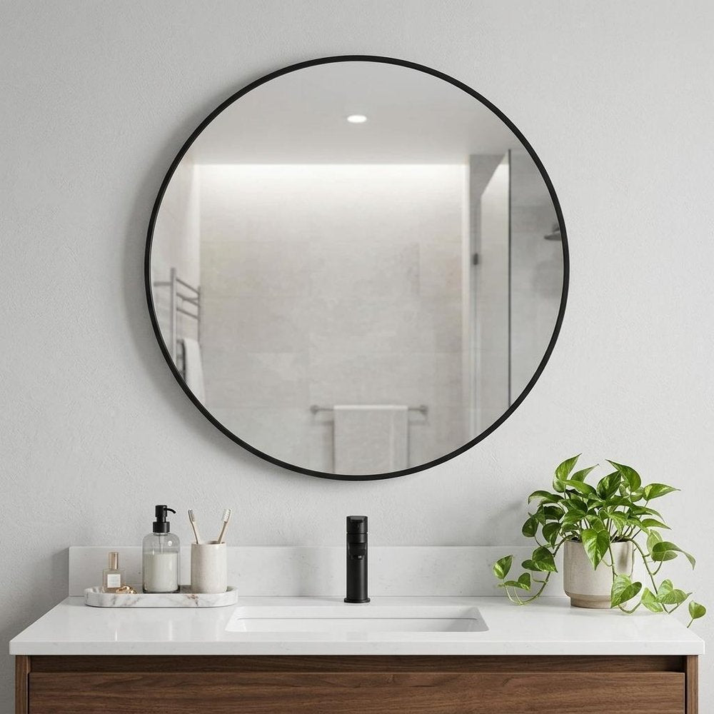 Black Metal Round Framed Bathroom Vanity Mirror - 30-inch