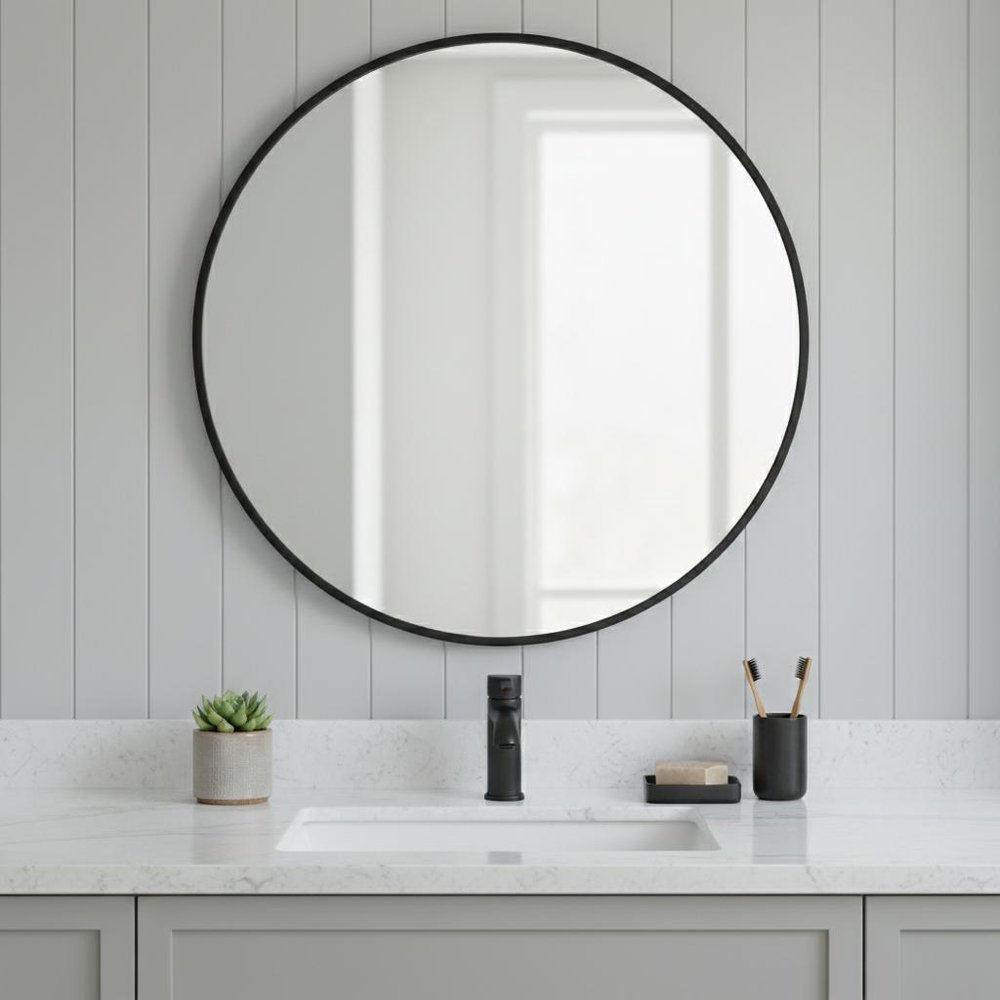Black Metal Round Framed Bathroom Vanity Mirror - 30-inch