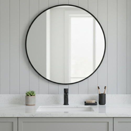 Black Metal Round Framed Bathroom Vanity Mirror - 30-inch