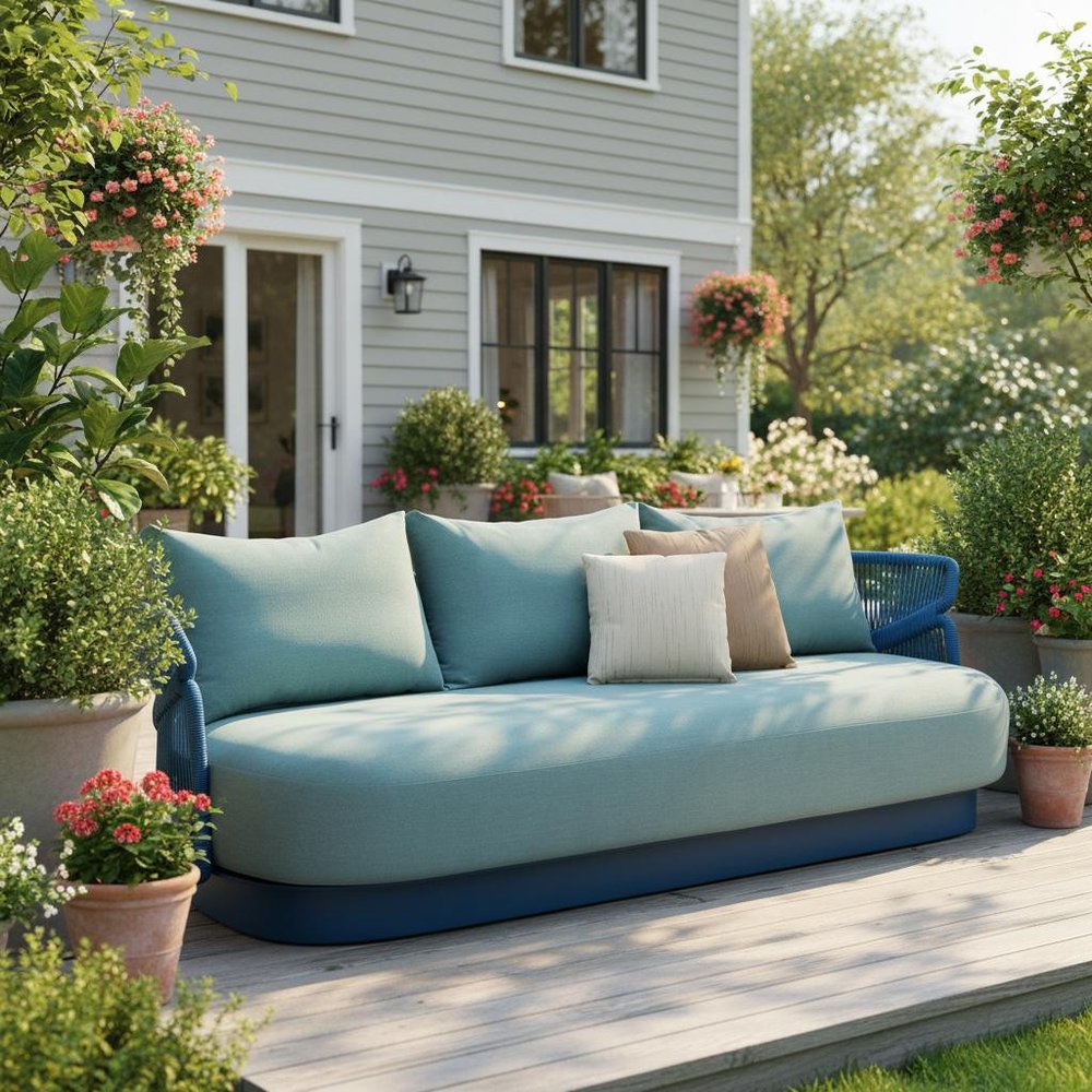 Green Metal Patio Sofa with Toss Pillows - 73-inch