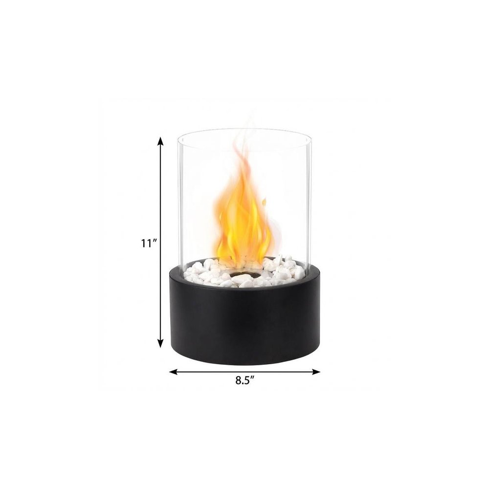 Black and Clear Metal and Glass Bioethanol Portable Tabletop Firepit - 11-inch