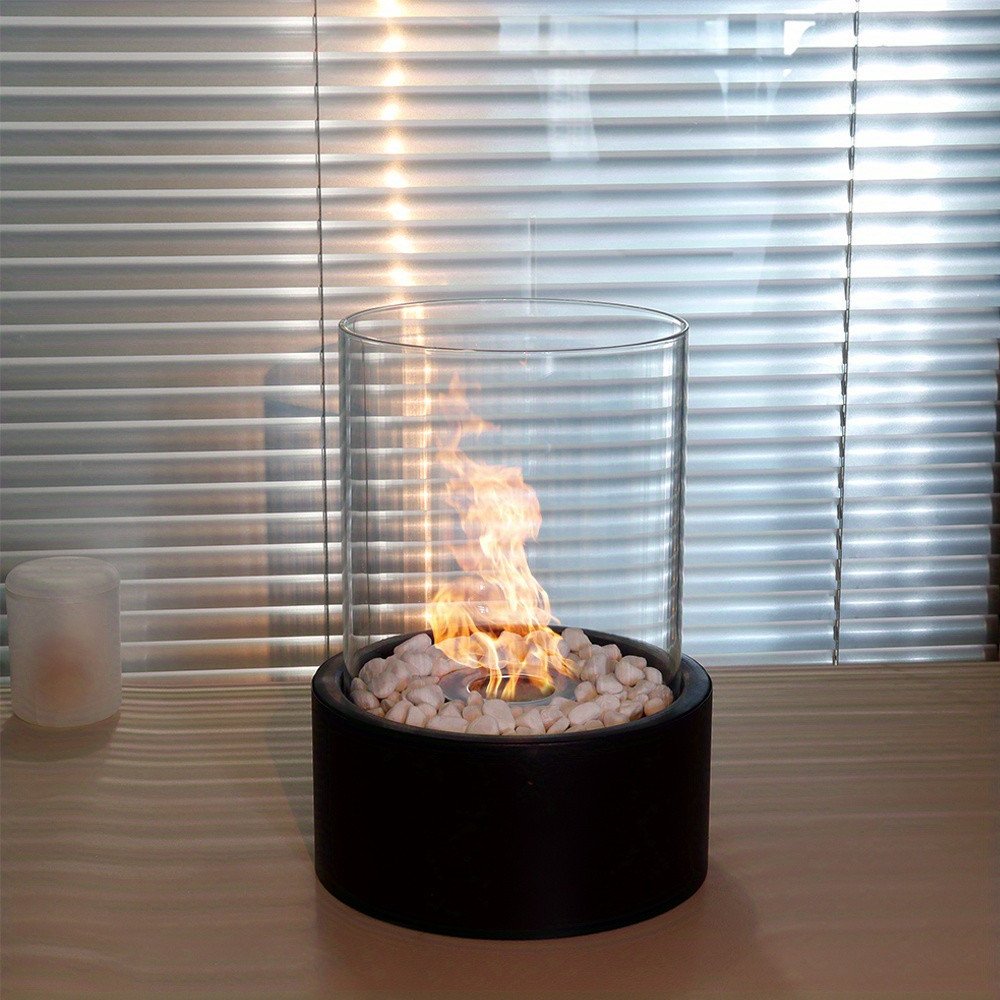 Black and Clear Metal and Glass Bioethanol Portable Tabletop Firepit - 11-inch