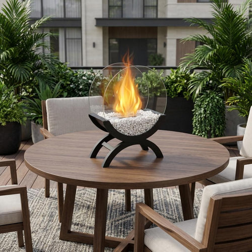 Black and Clear Metal and Glass Bioethanol Portable Tabletop Firepit - 15-inch