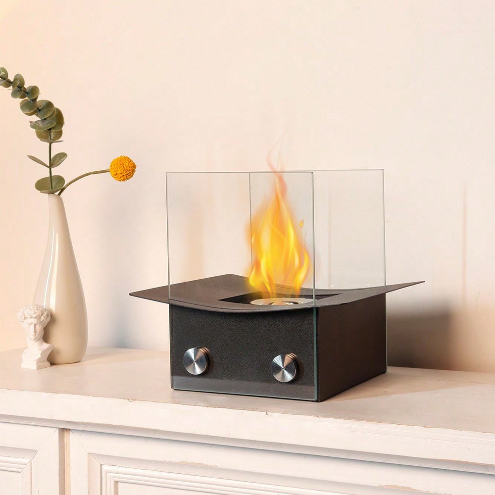 Black and Clear Metal and Glass Bioethanol Portable Tabletop Firepit - 8-inch