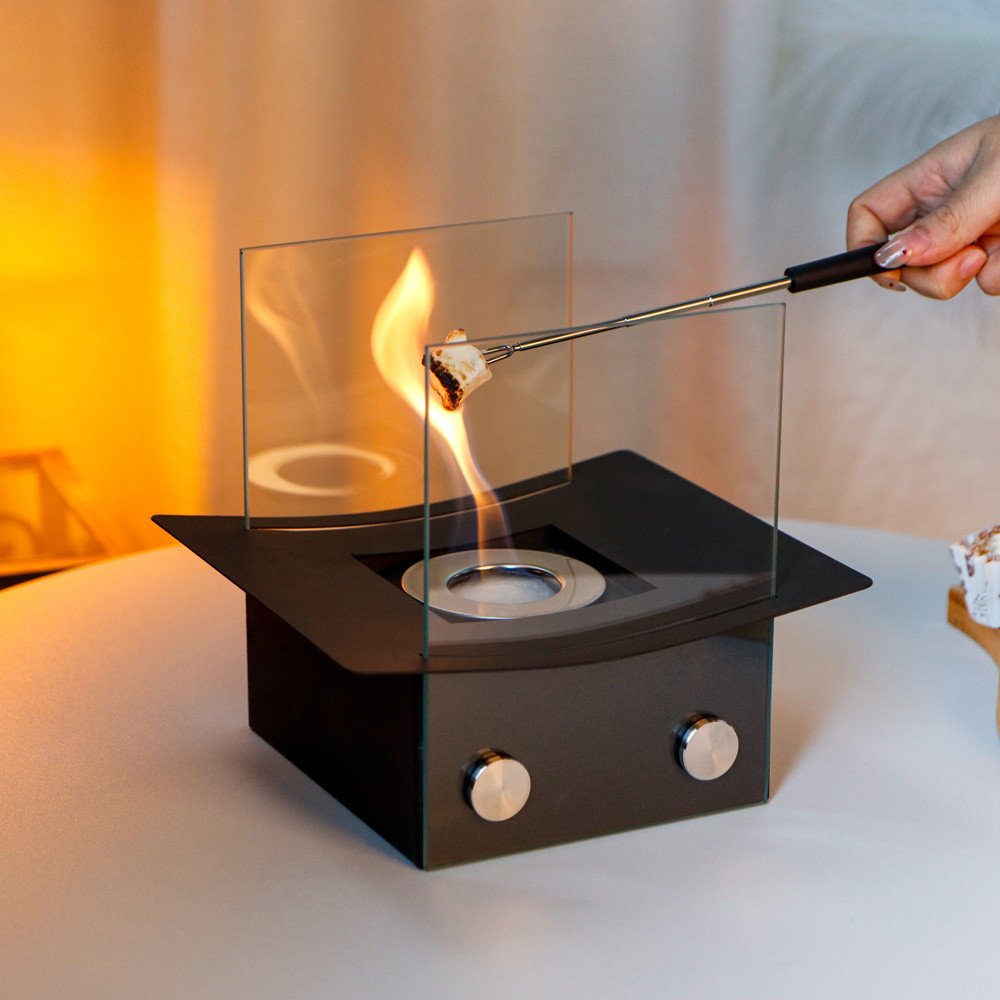 Black and Clear Metal and Glass Bioethanol Portable Tabletop Firepit - 8-inch