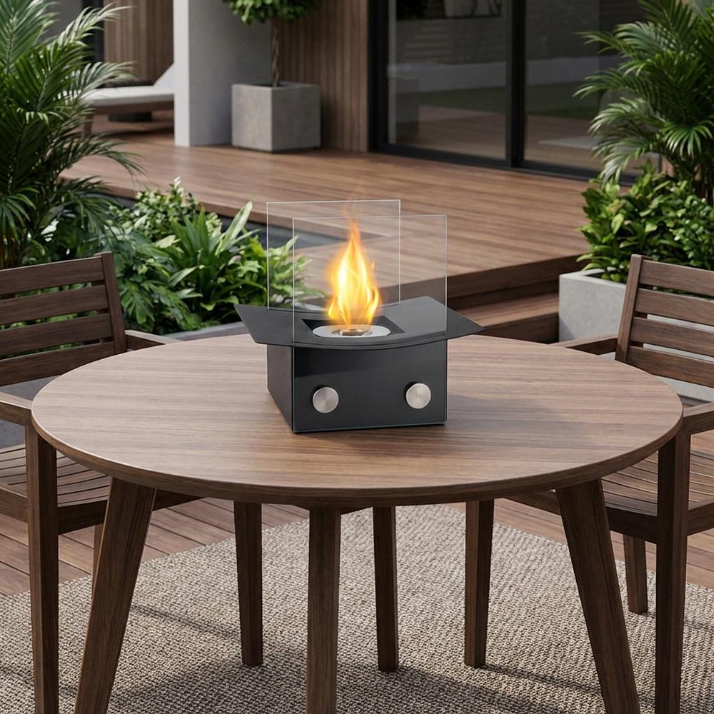 Black and Clear Metal and Glass Bioethanol Portable Tabletop Firepit - 8-inch