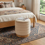 Beige and Natural Velvet Tufted Cylinder Storage Ottoman - 16-inch
