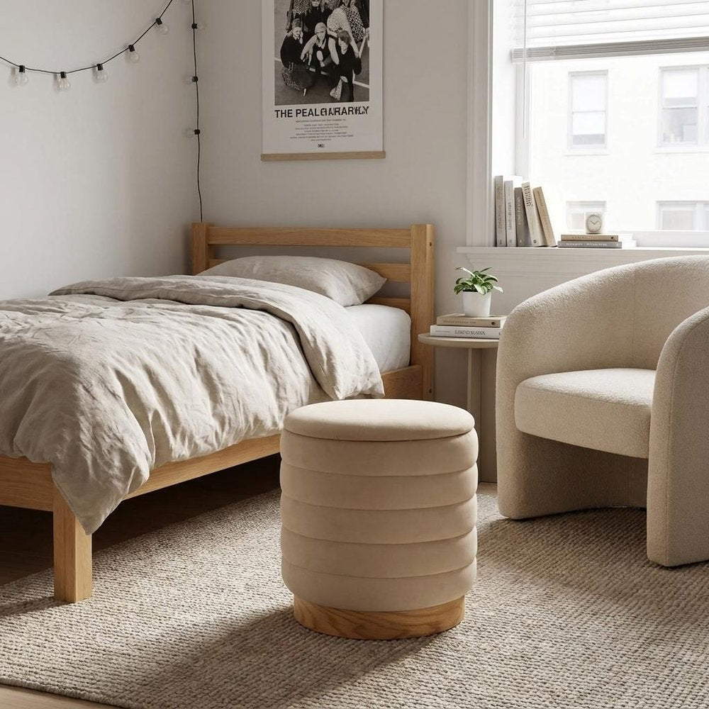 Beige and Natural Velvet Tufted Cylinder Storage Ottoman - 16-inch