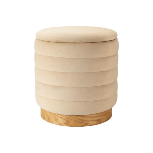 Beige and Natural Velvet Tufted Cylinder Storage Ottoman - 16-inch