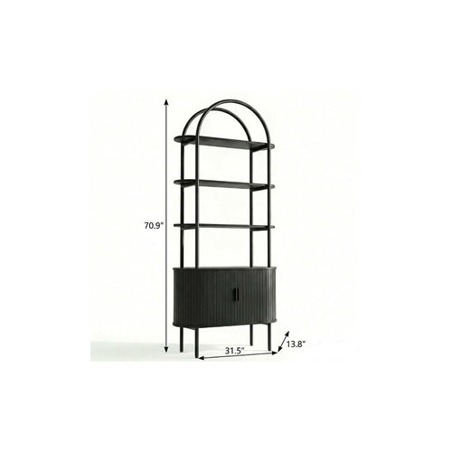 Black Wood Four Tier Arched Etagere Bookcase with Two Doors - 71-inch