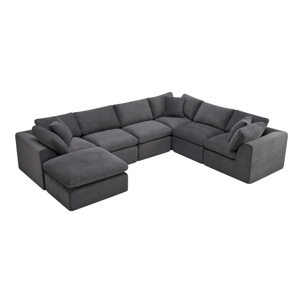 Dark Gray Corduroy Modular Sectional with Ottoman and Toss Pillows - 138-inch